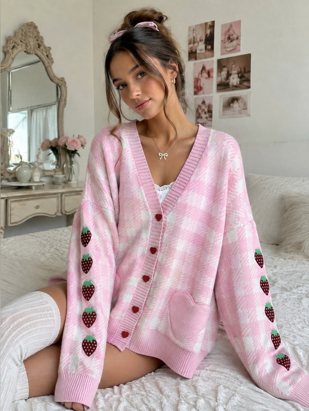 Sweet Society Pink Gingham Cardigan Sweater Strawberry Coquette Lolita Kawaii XL